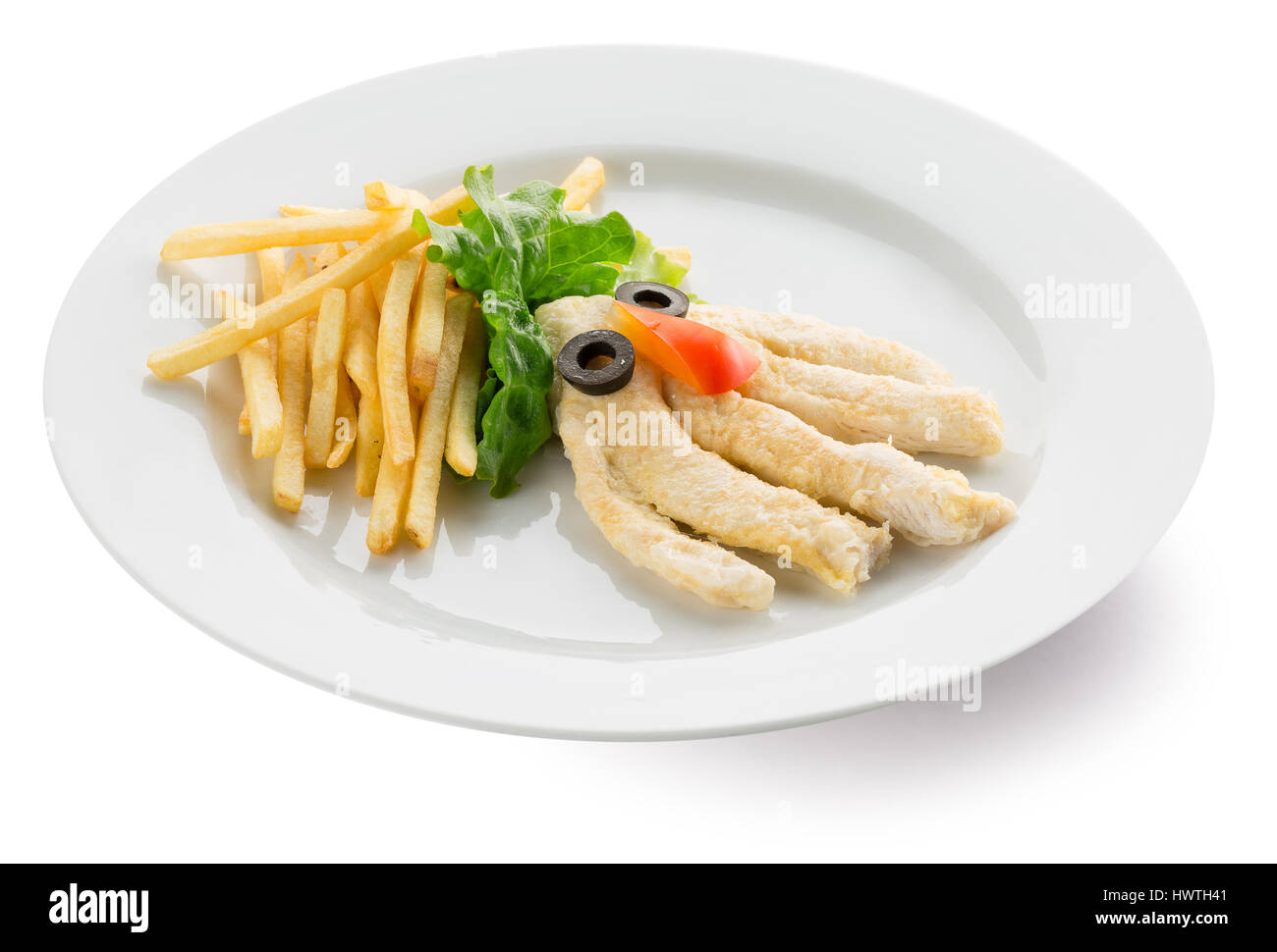 Patate fritte con pollo in forma di polpo. Foto Stock