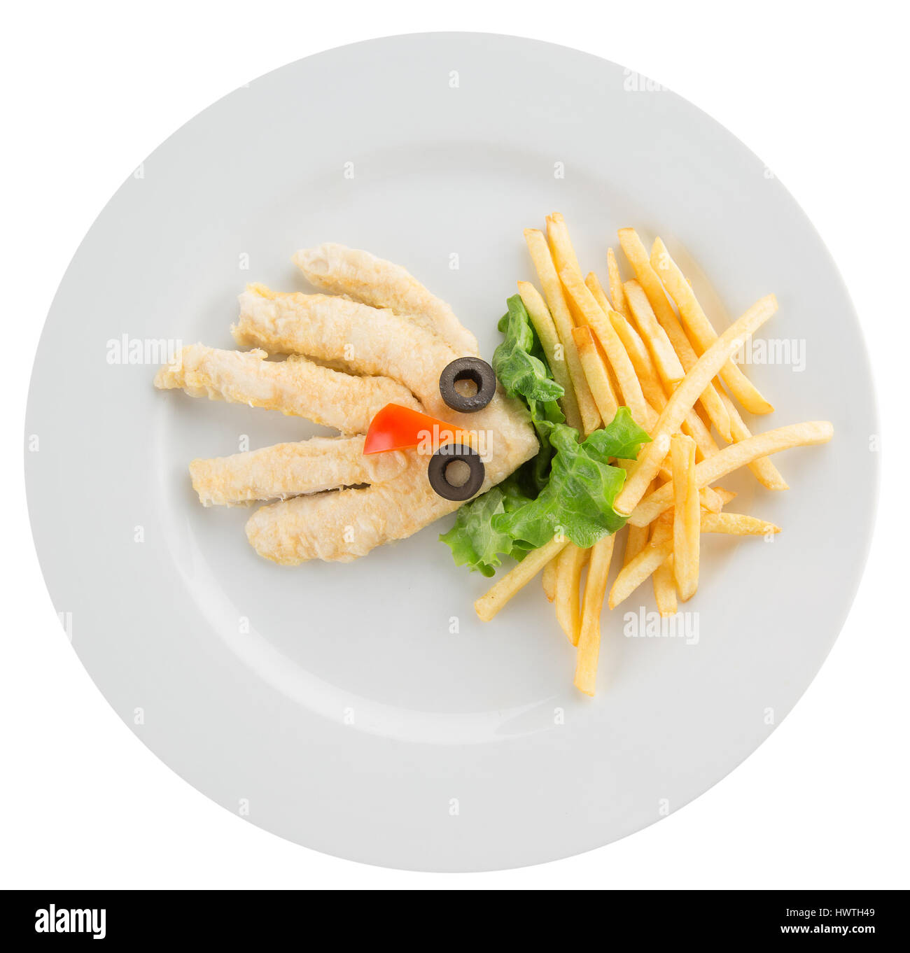 Patate fritte con pollo in forma di polpo. Foto Stock