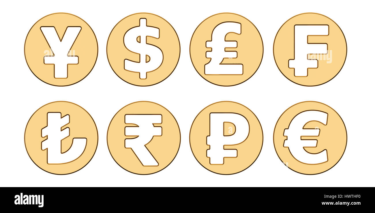 Golden simboli di valuta, rendering 3D isolati su sfondo bianco Foto Stock