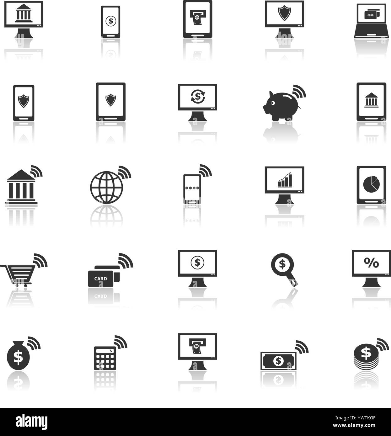 Online banking con icone di riflettere su sfondo bianco, vettore di stock Illustrazione Vettoriale