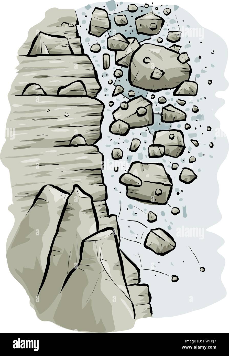 Un cartoon di pietre che cadono verso il basso di una rupe in una valanga. Illustrazione Vettoriale
