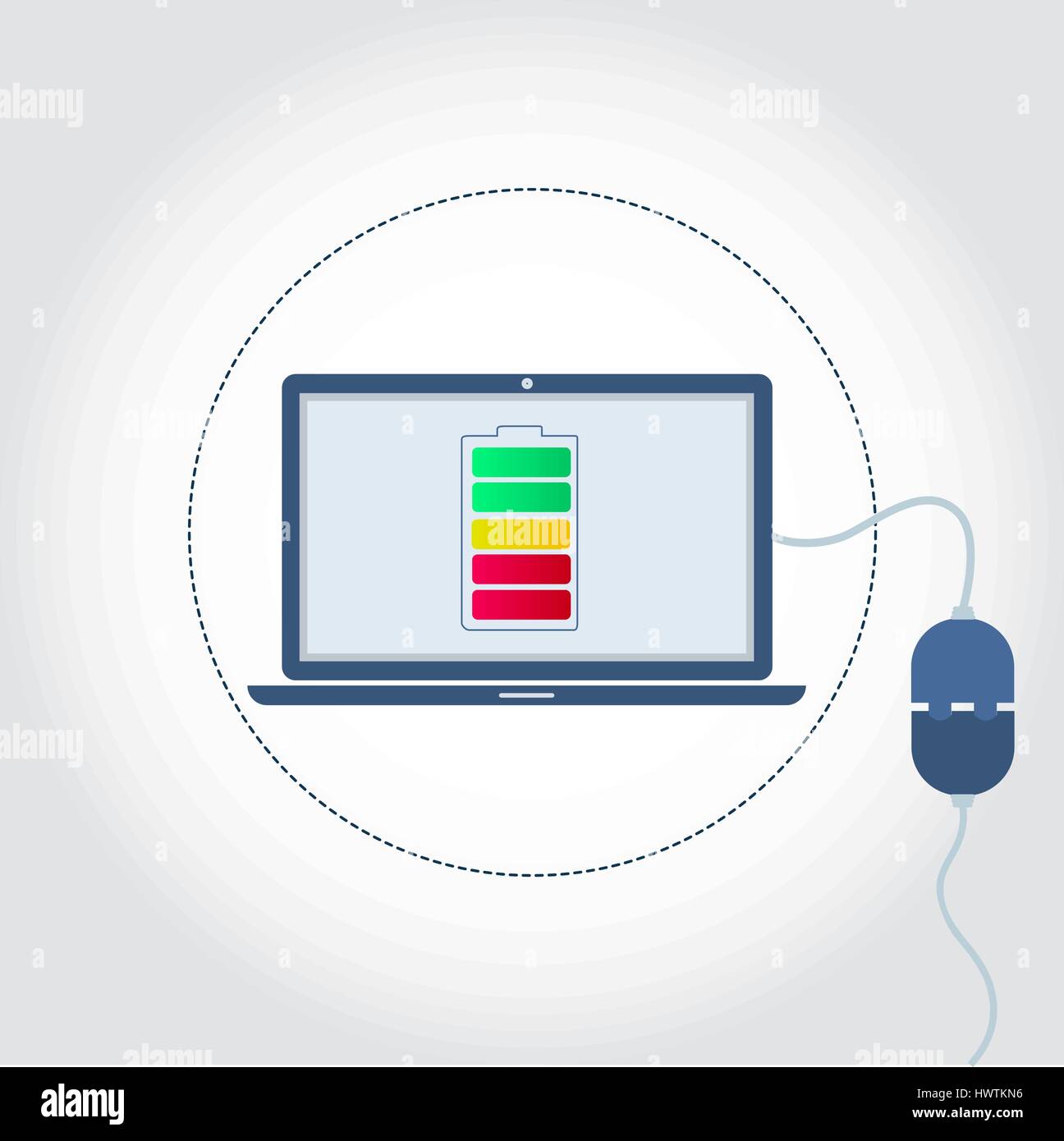 Computer portatile con un tappo inserito e il simbolo della batteria sul monitor che mostra il livello di carica. Spazio vuoto per inserire il testo. Illustrazione Vettoriale