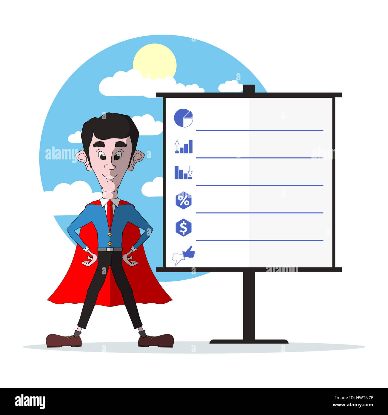 Imprenditore di successo in un mantello rosso in piedi accanto a una scheda di informazioni. Foto Stock