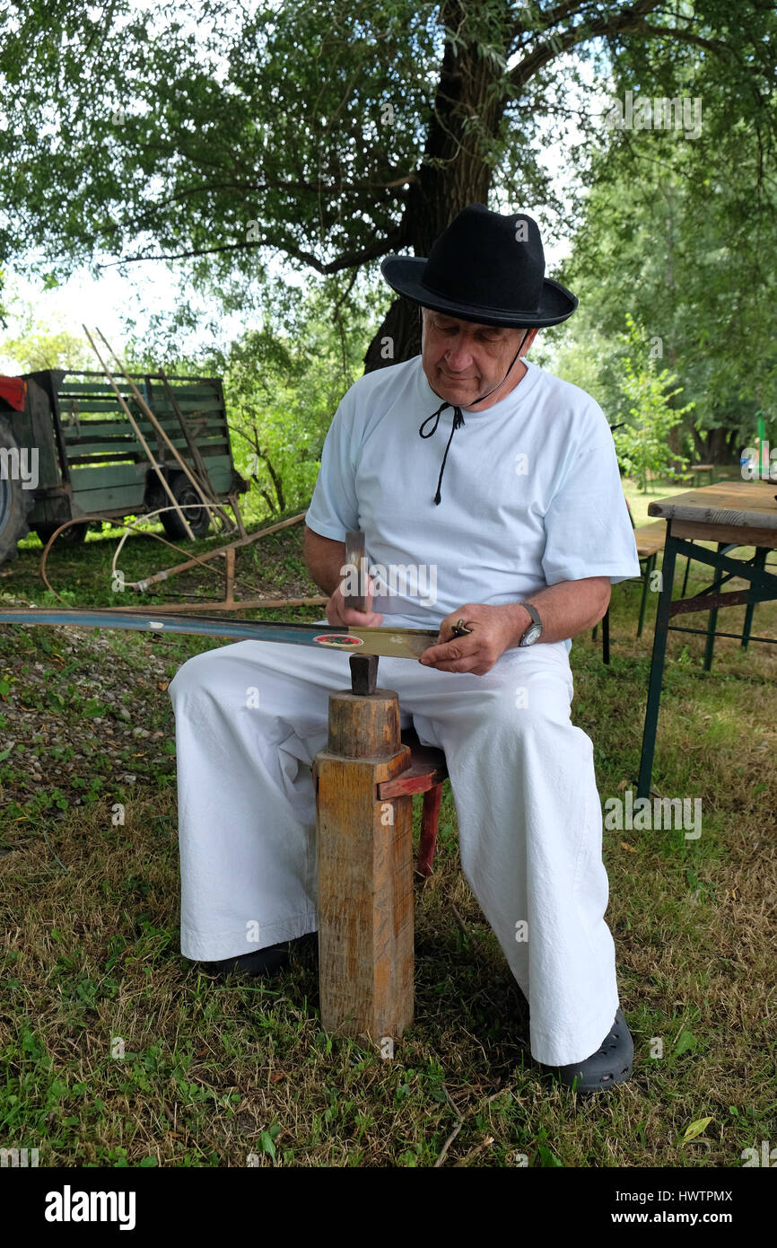 Contadino con un martello e lo strumento di ferro sul ceppo di albero sta affinando la sua falce nel Trnovec, Croazia sulla luglio 09, 2016. Foto Stock
