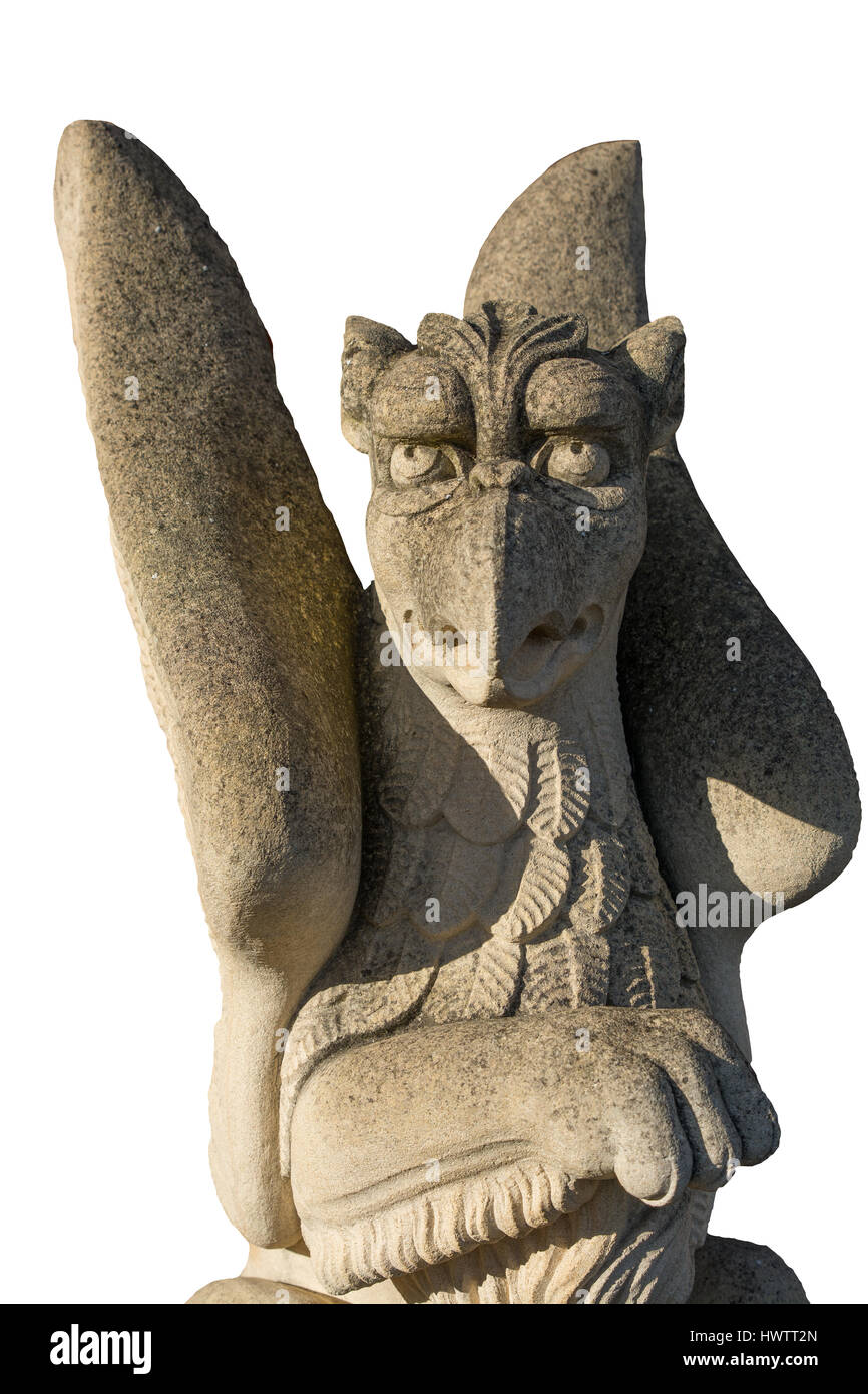 Statua / Scultura del personaggio mitologico un grifone su sfondo bianco Foto Stock