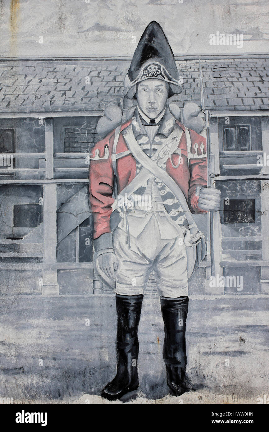 Il Murale che mostra soldato britannico a Fort George, a Titchfield Peninsula, Port Antonio, Giamaica Foto Stock