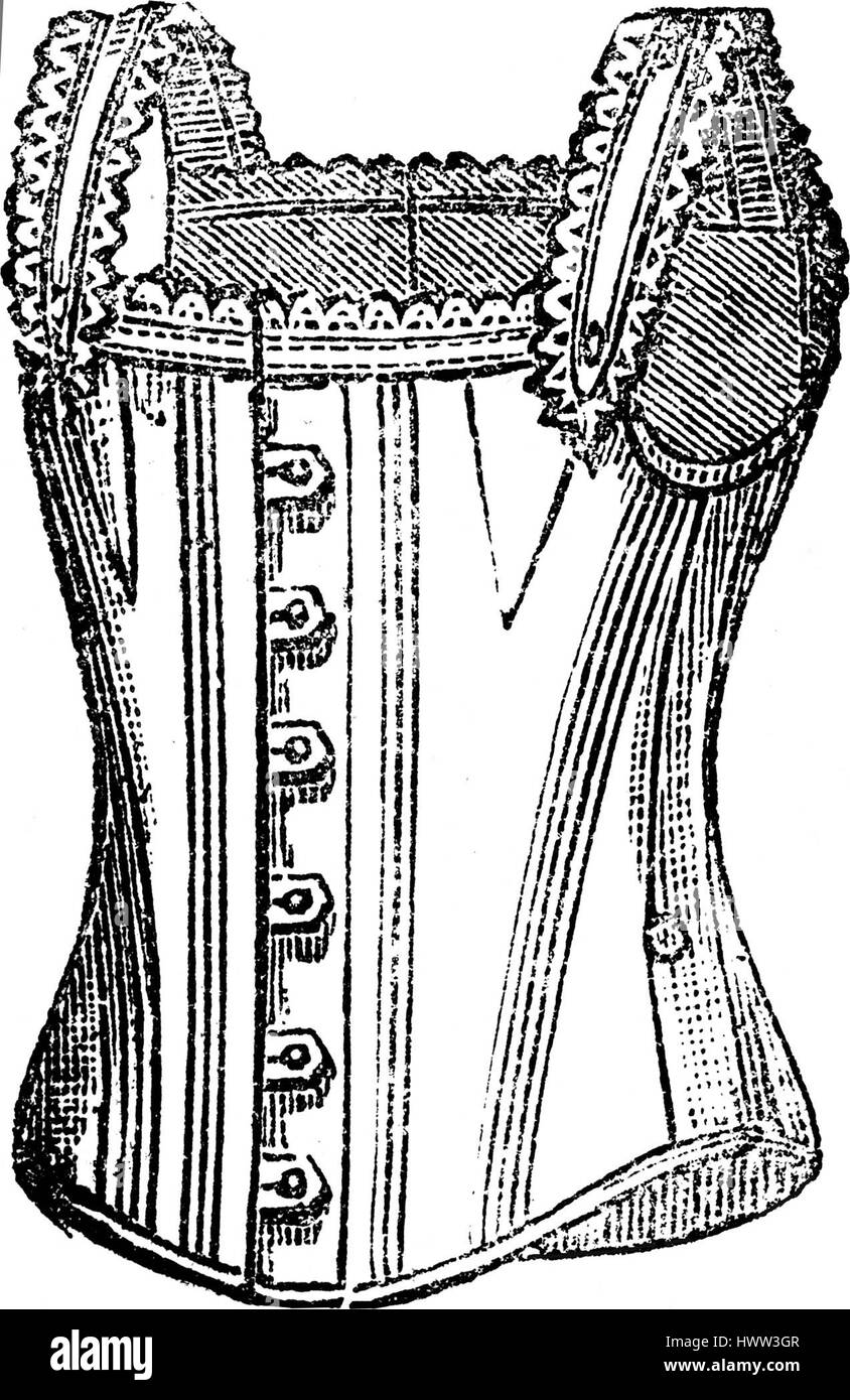 Questa illustrazione tratta da una pubblicità del XIX secolo per Au Bon Marché, un importante grande magazzino francese, mette in risalto la moda del tempo, concentrandosi sui corsetti. Il pezzo offre uno scorcio sulla cultura del commercio al dettaglio francese del XIX secolo e sul ruolo della moda nel plasmare le aspettative sociali. Foto Stock