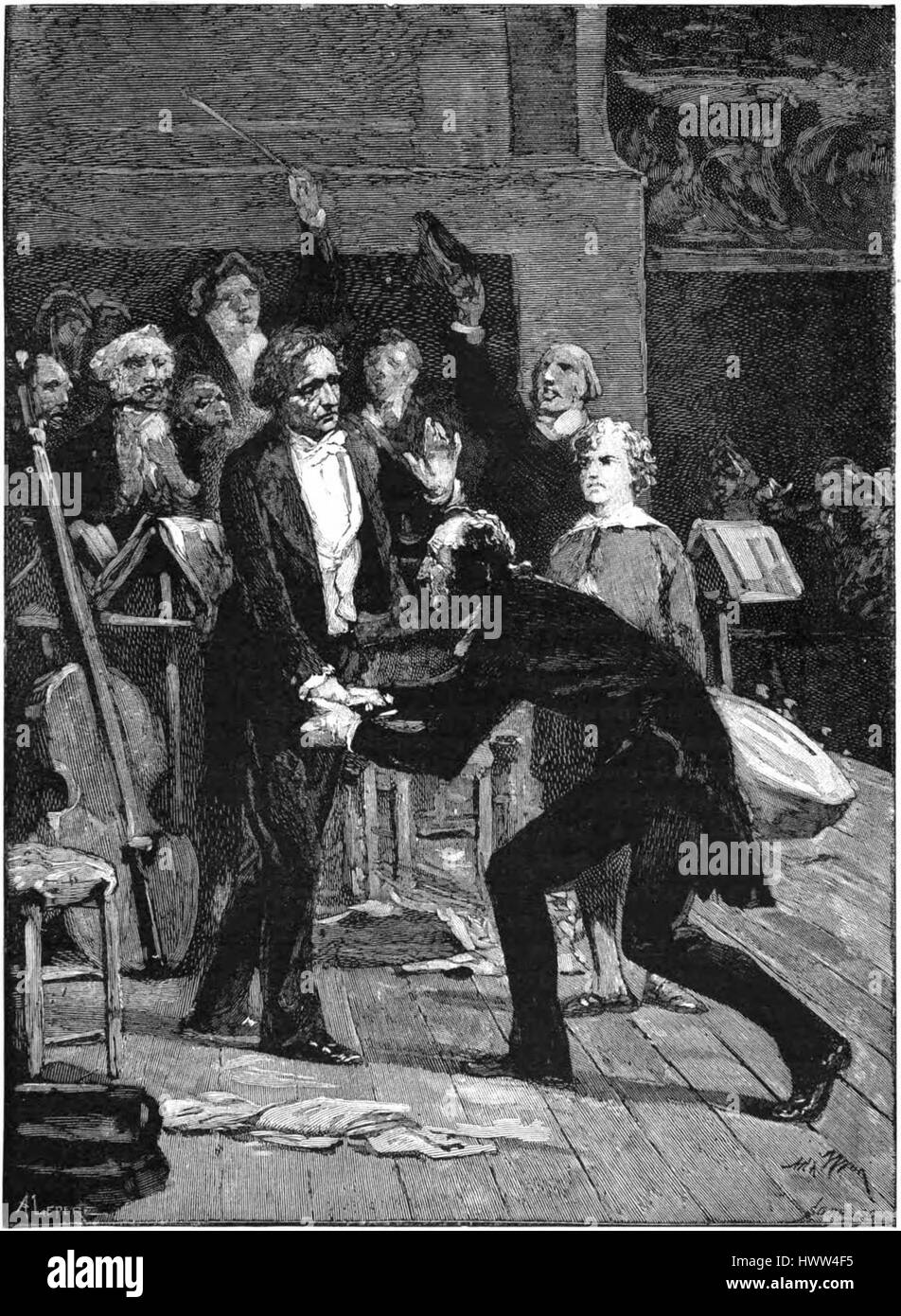 Questa illustrazione del 1888 raffigura due importanti musicisti del XIX secolo, Hector Berlioz e Niccolò Paganini. L'opera d'arte cattura i musicisti in un momento di collaborazione artistica, rappresentando due delle più grandi figure della storia della musica classica. Foto Stock