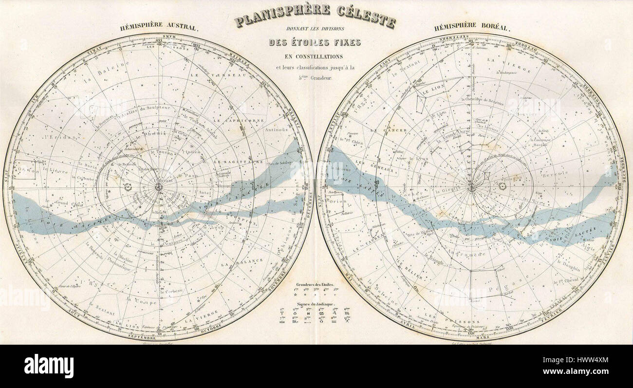 La Migeon Map of the Stars and Constellations del 1878 è una mappa celeste che illustra le stelle, le costellazioni e le caratteristiche astronomiche conosciute all'epoca. Riflette la comprensione del XIX secolo del cielo notturno. Foto Stock