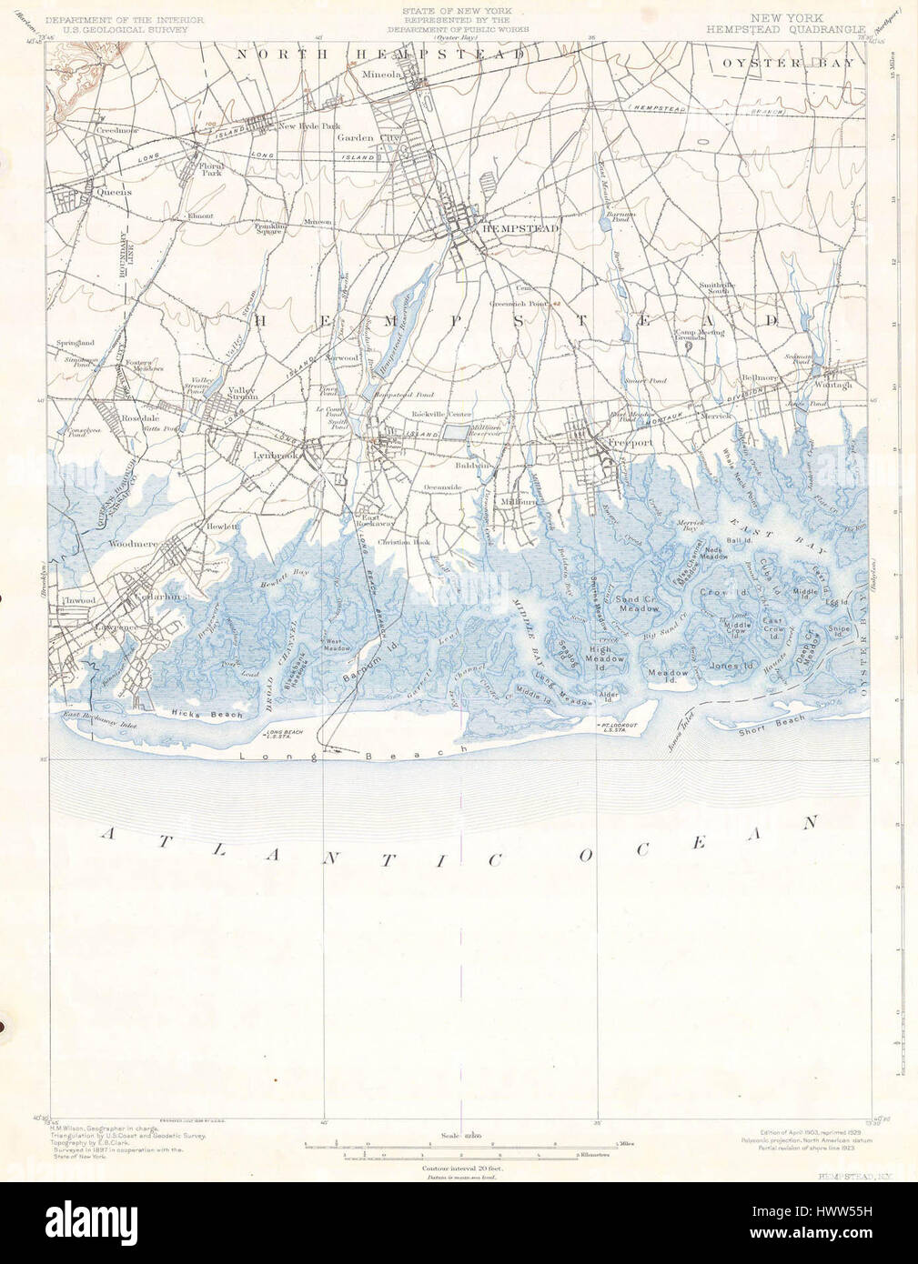 La mappa U.S.G.S. del 1900 di Hempstead, Long Beach e Long Island fornisce caratteristiche geografiche dettagliate della regione, illustrando elementi urbani e naturali. Foto Stock