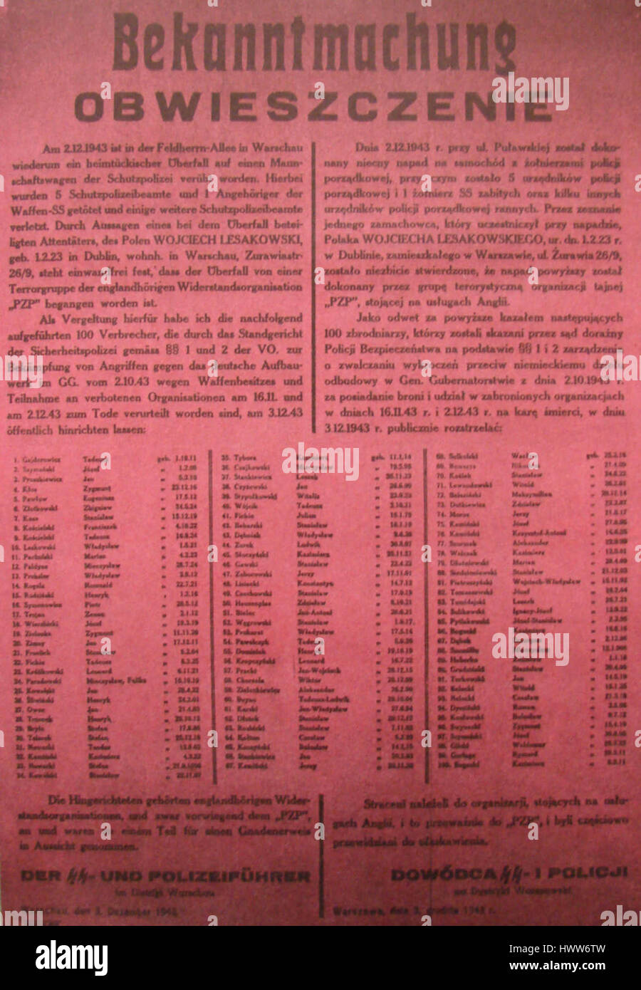 "Bekanntmachung Warschau 1943" si riferisce a un annuncio ufficiale emesso a Varsavia durante la seconda guerra mondiale. Faceva parte dell'occupazione tedesca della Polonia e riflette le strategie politiche e militari impiegate dalle forze naziste nelle aree occupate. Foto Stock