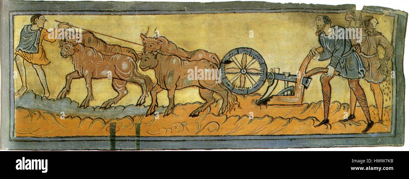 Calendario (l'aratura), 1000 circa, miniatura, cotone ms. Tiberio B. V., f. 3r., Londra, British Library Foto Stock