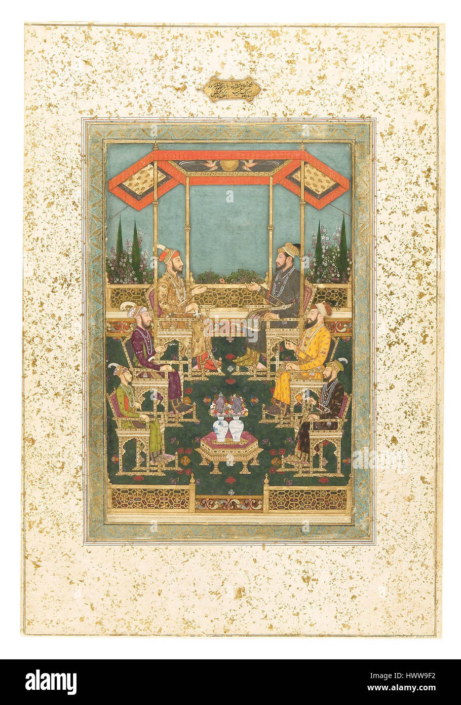 "Bhavanidas: Darbar Scene with Four Sons and two grandsons of Shah Jahan" è un dipinto indiano in miniatura dell'era Moghul, datato tra il 1700 e il 1710. Raffigura la corte reale di Shah Jahan, mostrando i suoi figli e nipoti. Le opere d'arte riflettono la grandezza e la formalità della vita di corte moghul, mettendo in evidenza gli intricati dettagli delle figure e dei vestiti. Foto Stock "Bhavanidas: Darbar Scene with Four Sons and two grandsons of Shah Jahan" è un dipinto indiano in miniatura dell'era Moghul, datato tra il 1700 e il 1710. Raffigura la corte reale di Shah Jahan, mostrando i suoi figli e nipoti. Le opere d'arte riflettono la grandezza e la formalità della vita di corte moghul, mettendo in evidenza gli intricati dettagli delle figure e dei vestiti. Foto Stock