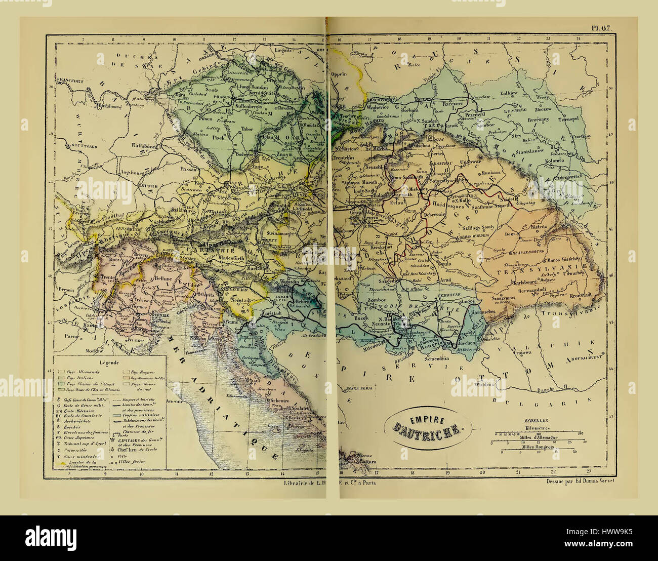 «Atlas universel, carte 67» di Bouillet è una mappa d’epoca che illustra le caratteristiche geografiche del mondo. La cartografia dettagliata è un ottimo esempio di cartografia storica, che riflette le conquiste scientifiche e artistiche del periodo. Foto Stock