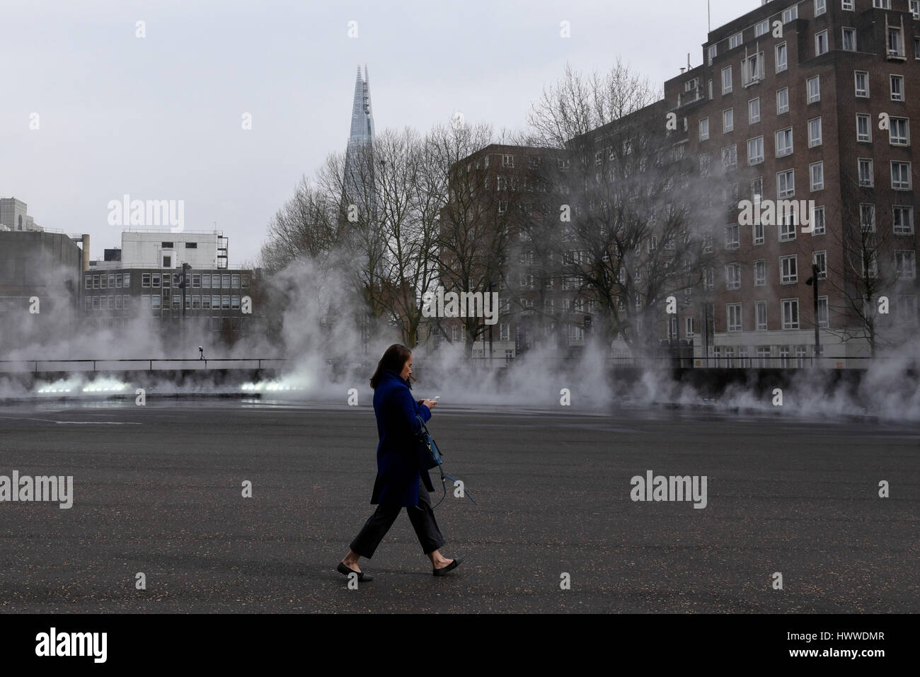 Londra, Regno Unito. 23 Mar, 2017. I membri del pubblico godono di interagire con "provo a lasciare che la natura parlare' di Fujiko Nakaya, un coinvolgente e interattiva scultura di nebbia, attualmente sul display alla Tate Modern. La copertina è parte della settimana due BMW " dieci giorni sei notti' dell'evento. Credito: Stephen Chung/Alamy Live News Foto Stock