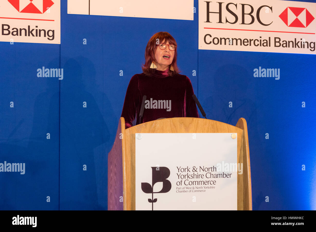 York, Regno Unito. 23 marzo, 2017. Janet Street-Porter CBE, inglese celebrity, media personalità, giornalista ed emittente, e presentatore di corrente se ITV di donne allentati, gli indirizzi dei membri della York e North Yorkshire Camera di commercio presso la loro cena annuale. La manifestazione si è svolta presso il Museo nazionale delle ferrovie e la Sig.ra Street-Porter ha parlato apertamente di fronte a un pubblico numeroso di uomini e donne, ricordando le sue esperienze e delinea la sua visione per noi100, una campagna che mira a preparare la società a vivere sano 100 anni. Foto Fotografia Bailey-Cooper/Alamy Live News Foto Stock