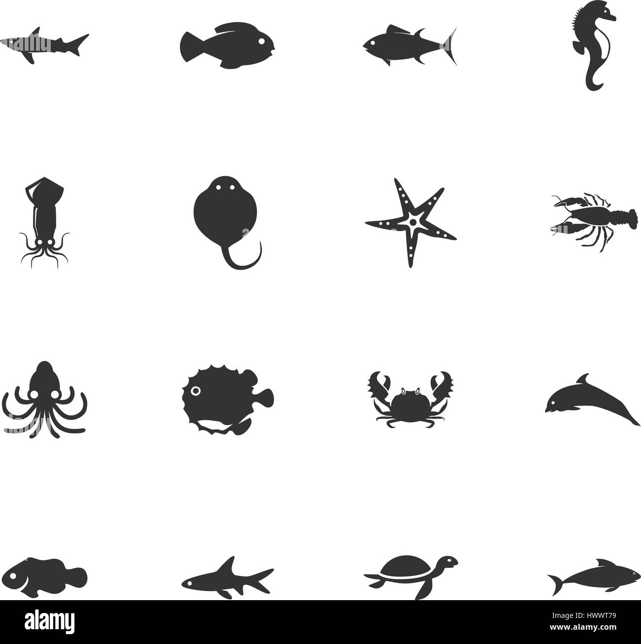 Pesce animali marini icone vettoriali per la progettazione di interfacce utente Illustrazione Vettoriale