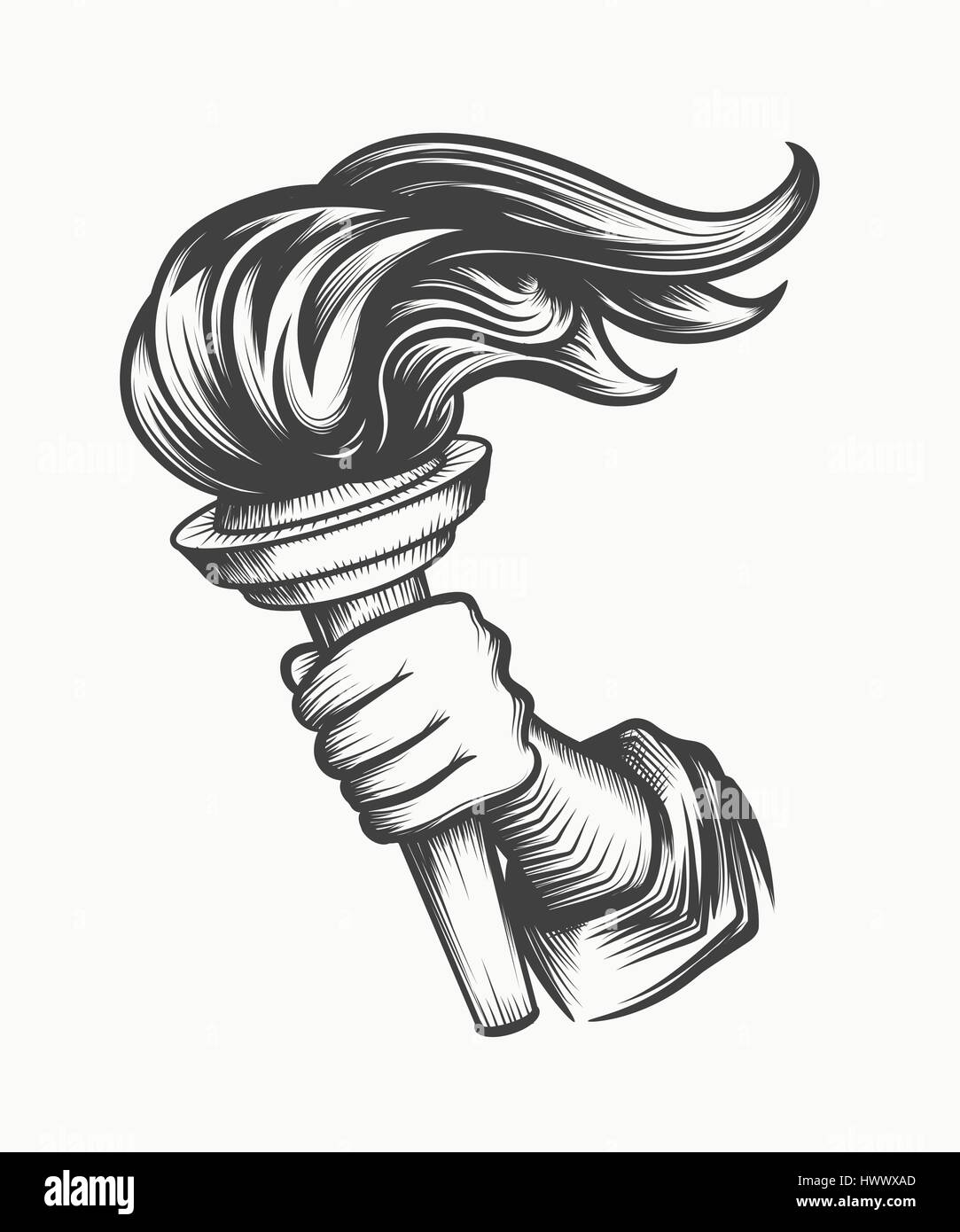 Mano umana detiene una torcia. Simbolo Liberty in stile di incisione buona per tatuaggio o emblema design. Isolato su bianco. Illustrazione Vettoriale