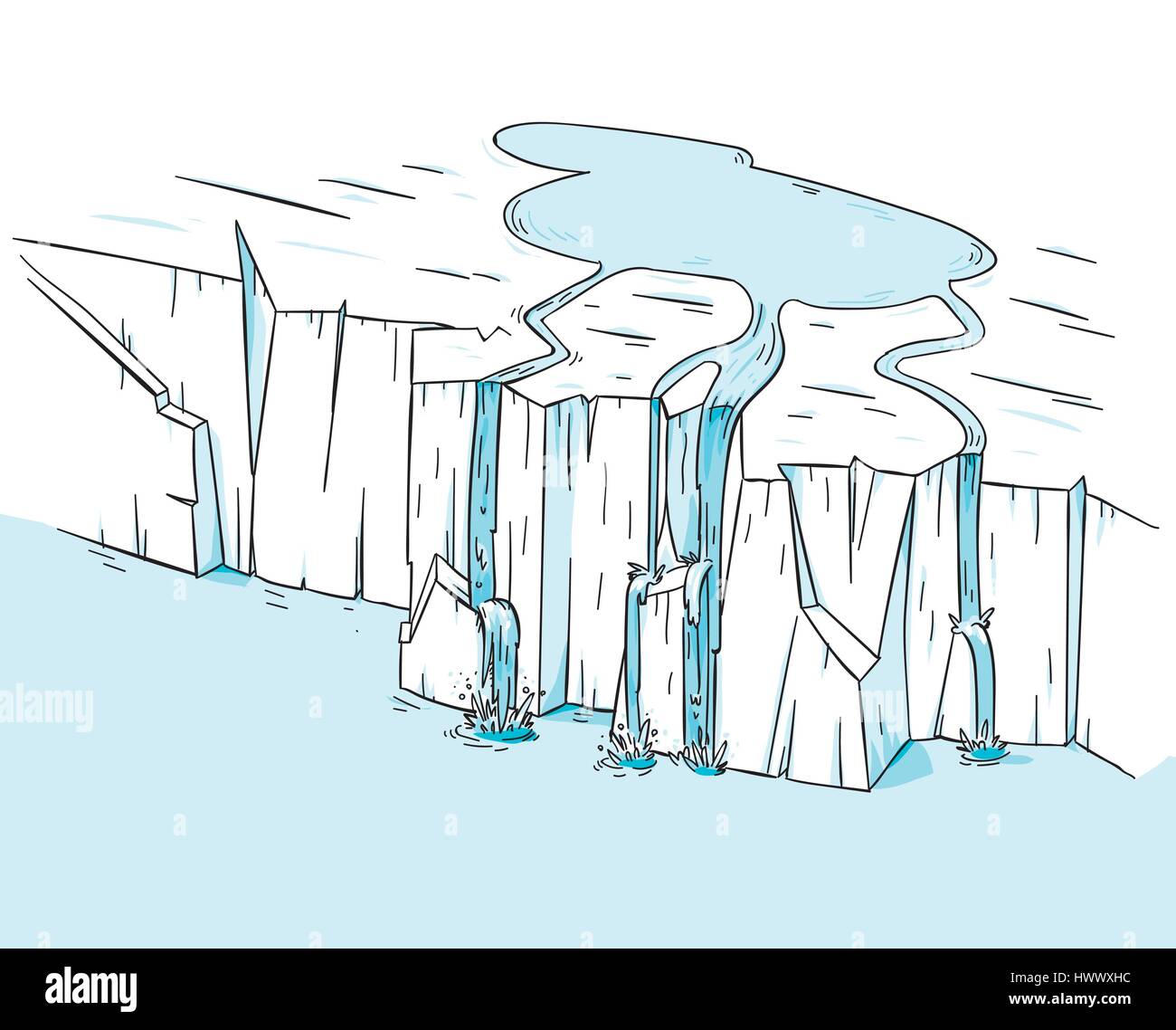 Una piscina di acqua fresca si riversa fuori del bordo di una fusione icecap polare ghiacciaio, nell'oceano. Illustrazione Vettoriale