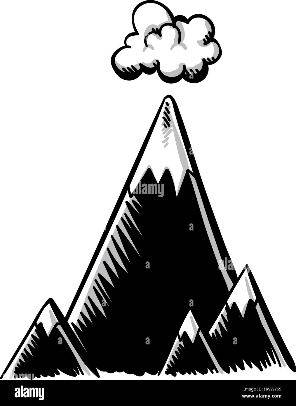 Un alto e in bianco e nero, cartoon monte si erge al di sopra di un piccolo intervallo con un puffy cloud al di sopra del picco. Illustrazione Vettoriale