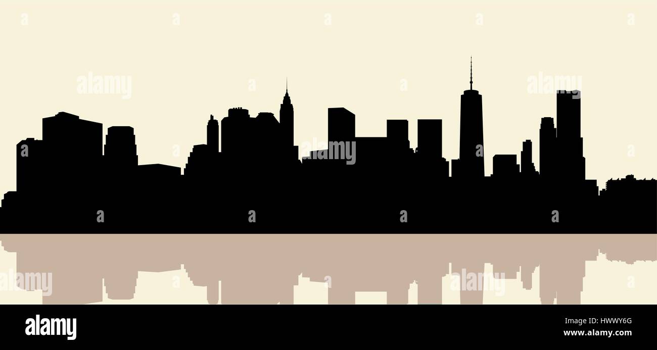 Silhouette skyline della città di Lower Manhattan, New York, Stati Uniti d'America. Illustrazione Vettoriale