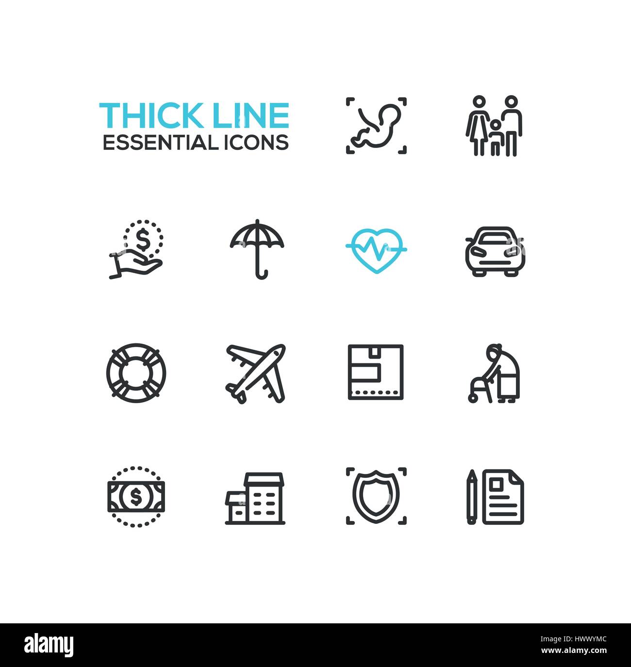 Assicurazione - moderno vettore singolo spessa linea di set di icone Illustrazione Vettoriale