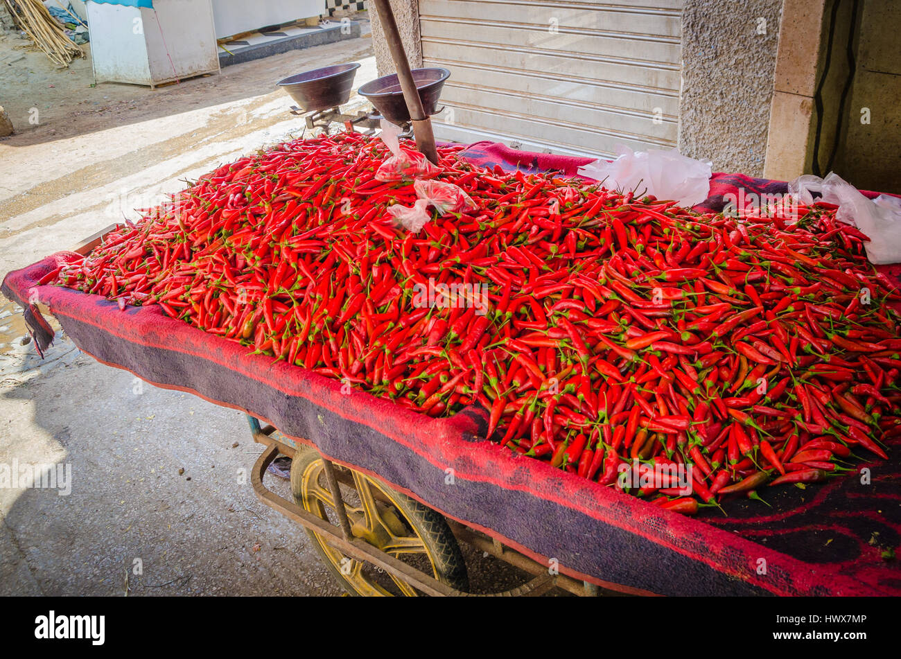 Peperoncino rosso o peperoni accatastati sulle vendite trolly in soukh della medina di Fez, in Marocco. Foto Stock