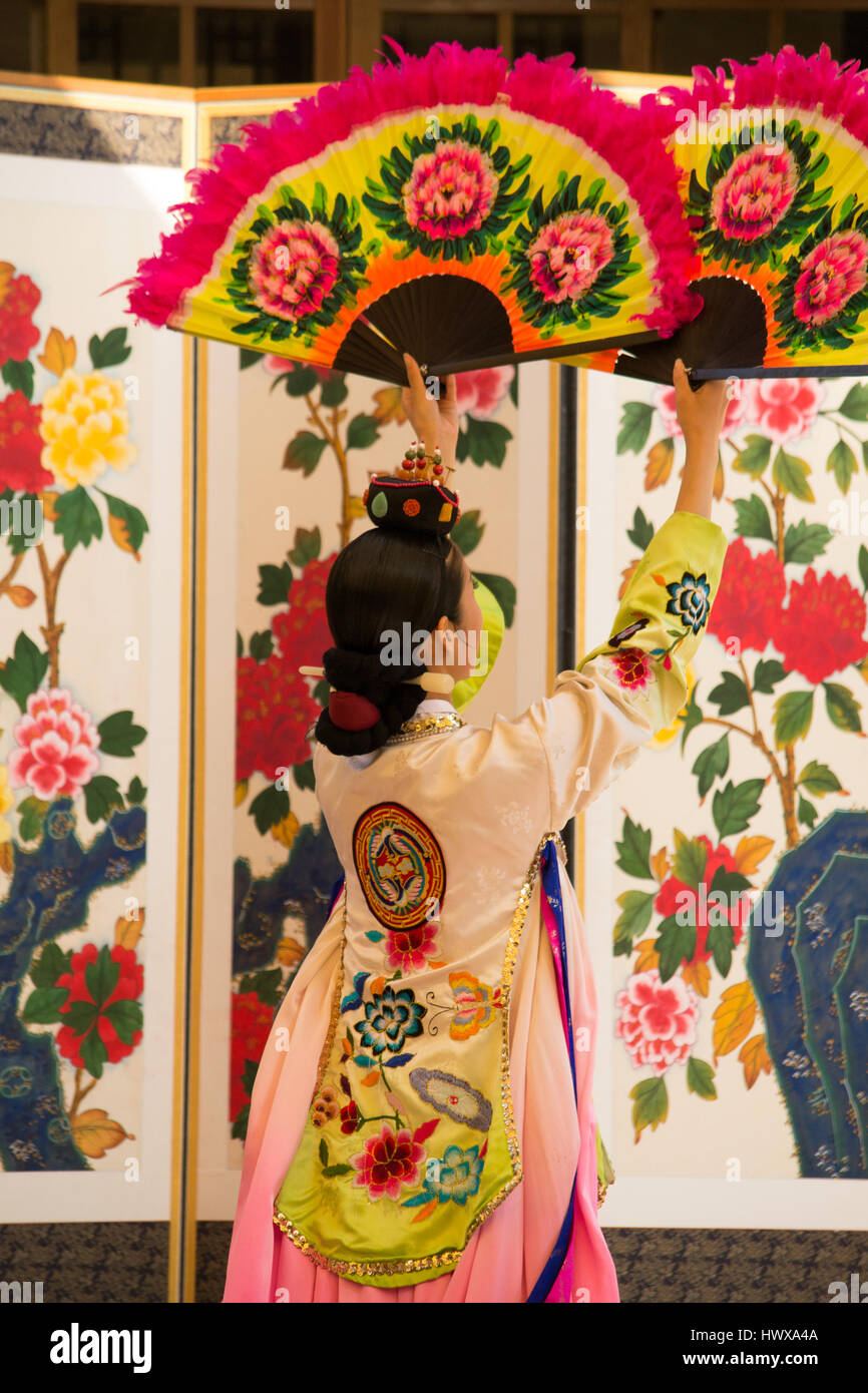 Splendida sud coreano Ballerina con colorati di ventilatori in matrimonio a Seul Foto Stock