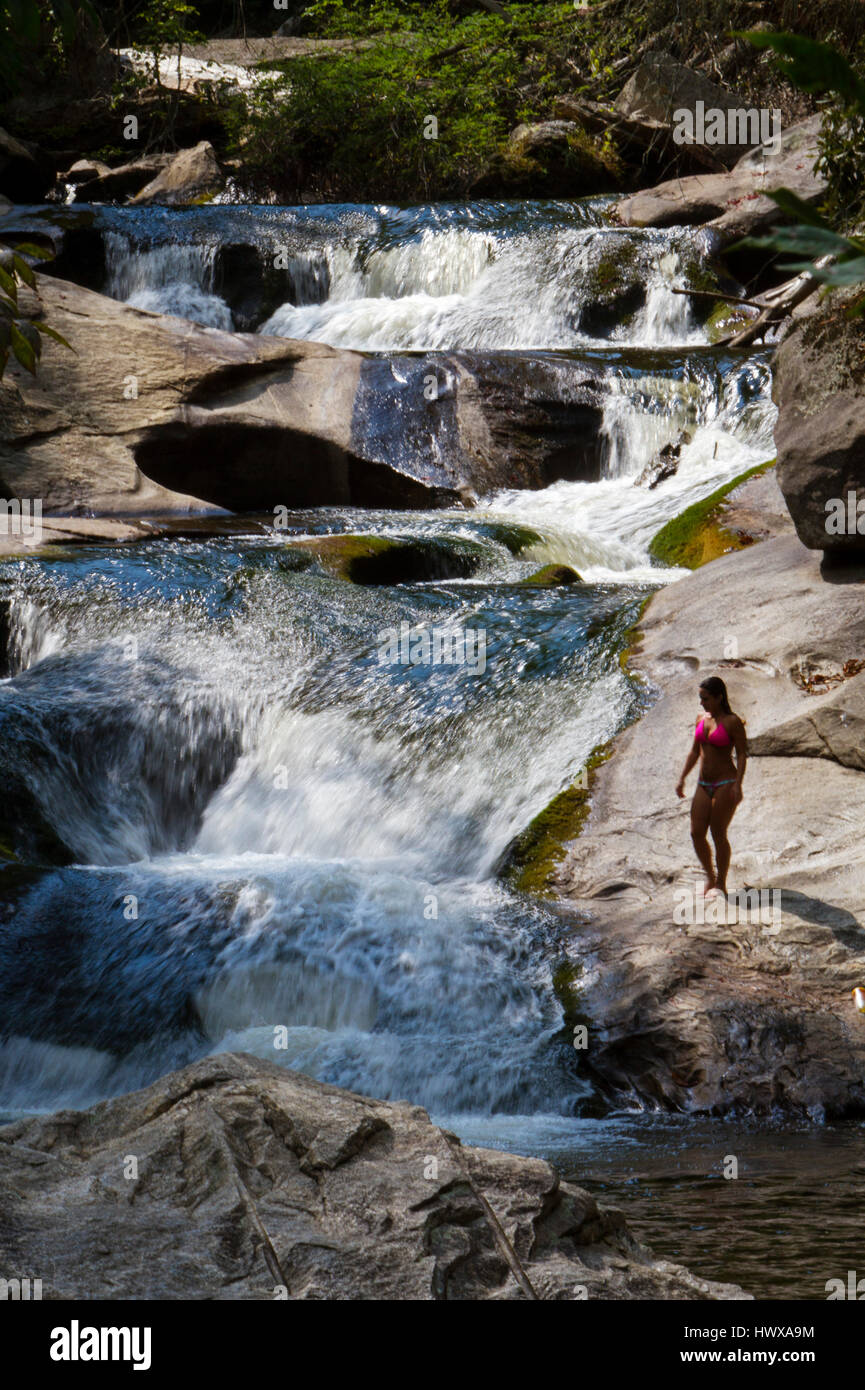 Un popolare nuoto foro sul Cullasaja sulla gola del fiume di Nantahala National Forest lungo l'Autostrada US 64 è anche noto come cava cade. In questa sezione Foto Stock