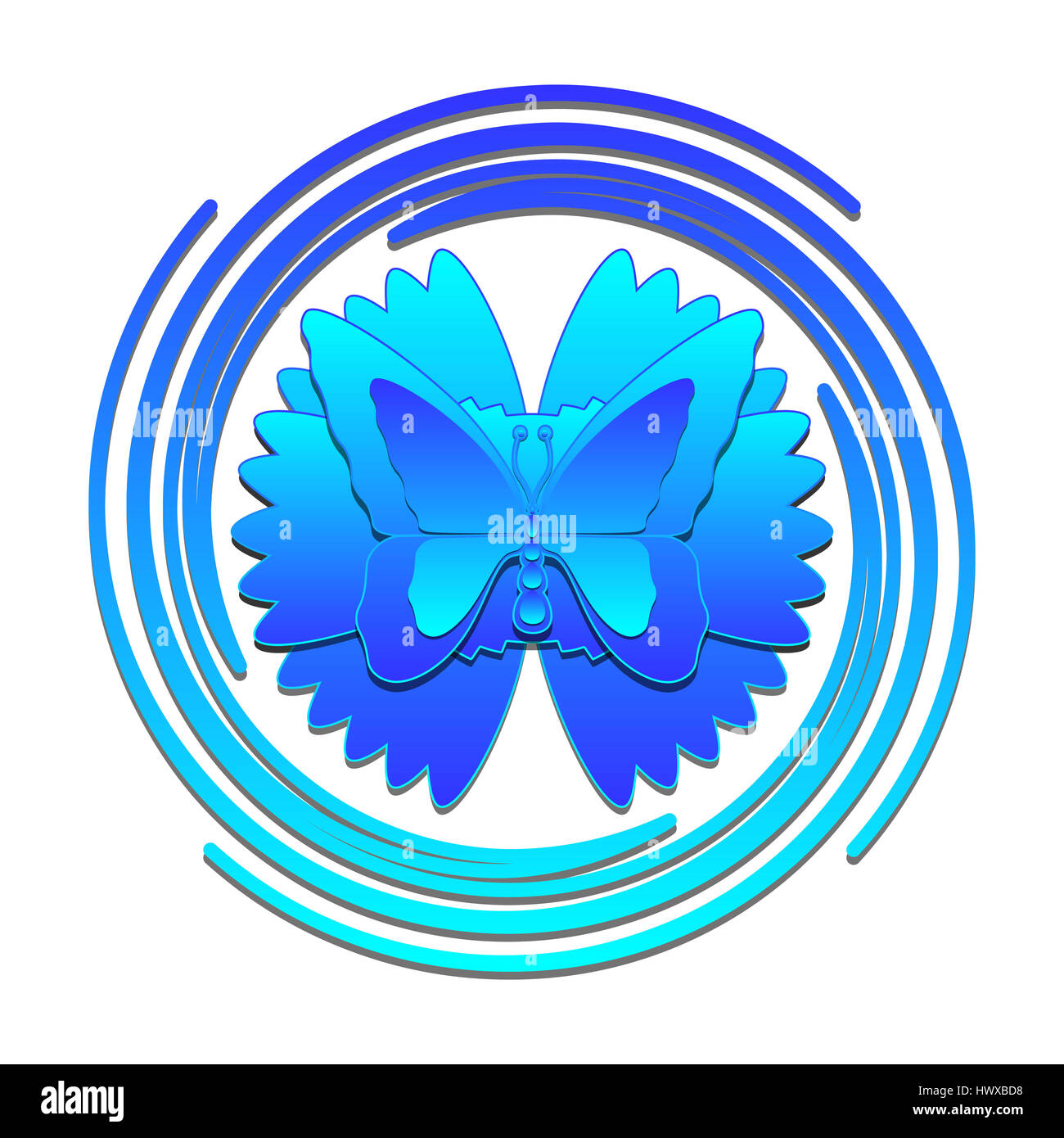 Blue Butterfly in turbolenza su sfondo bianco. Foto Stock