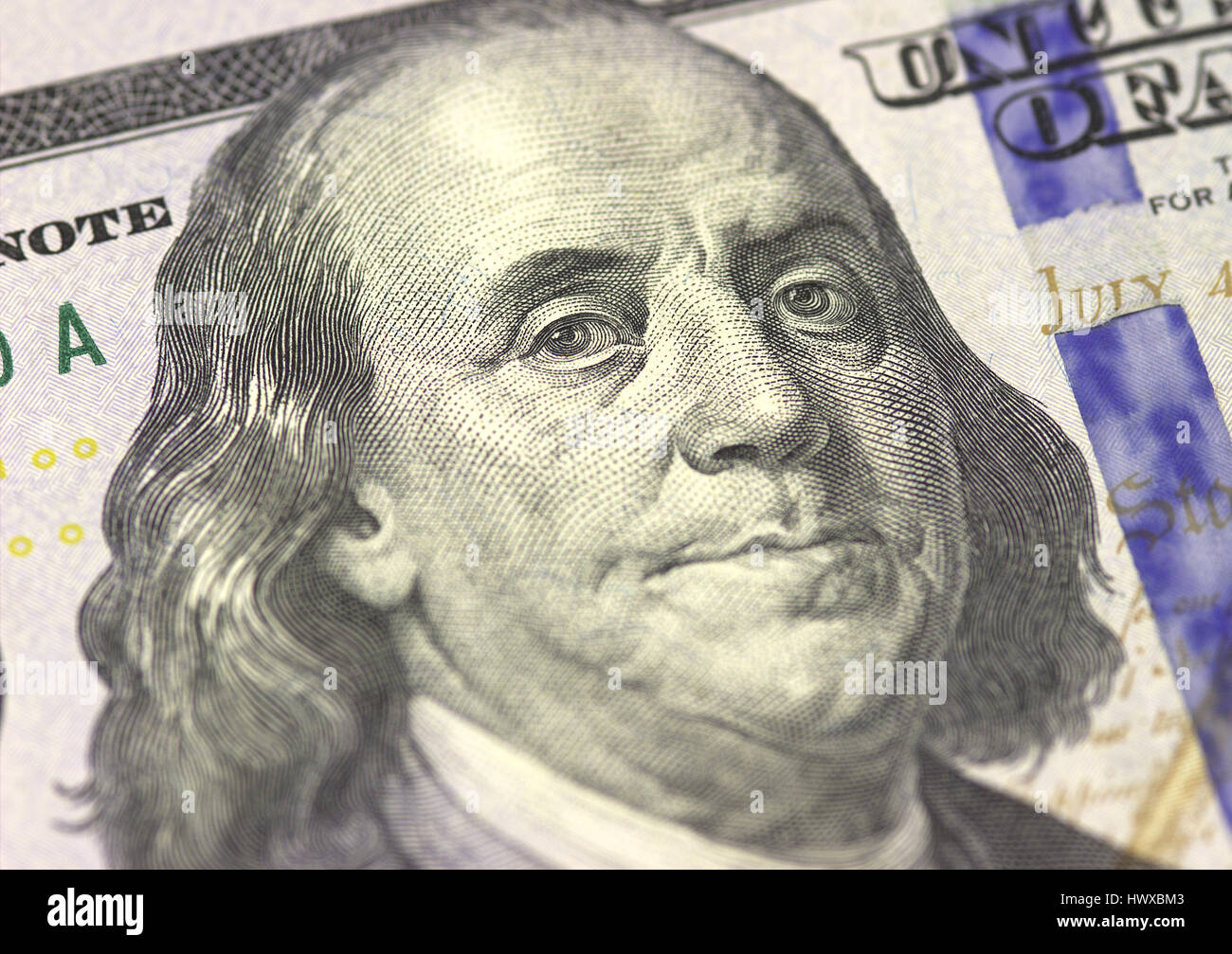 Benjamin Franklin volto a noi cento o 100 dollari bill macro, Stati Uniti denaro closeup Foto Stock