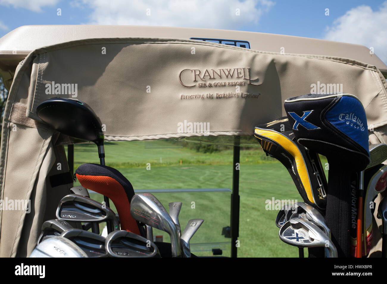 Vista posteriore di un carrello da golf sul corso in una giornata di sole. Foto Stock