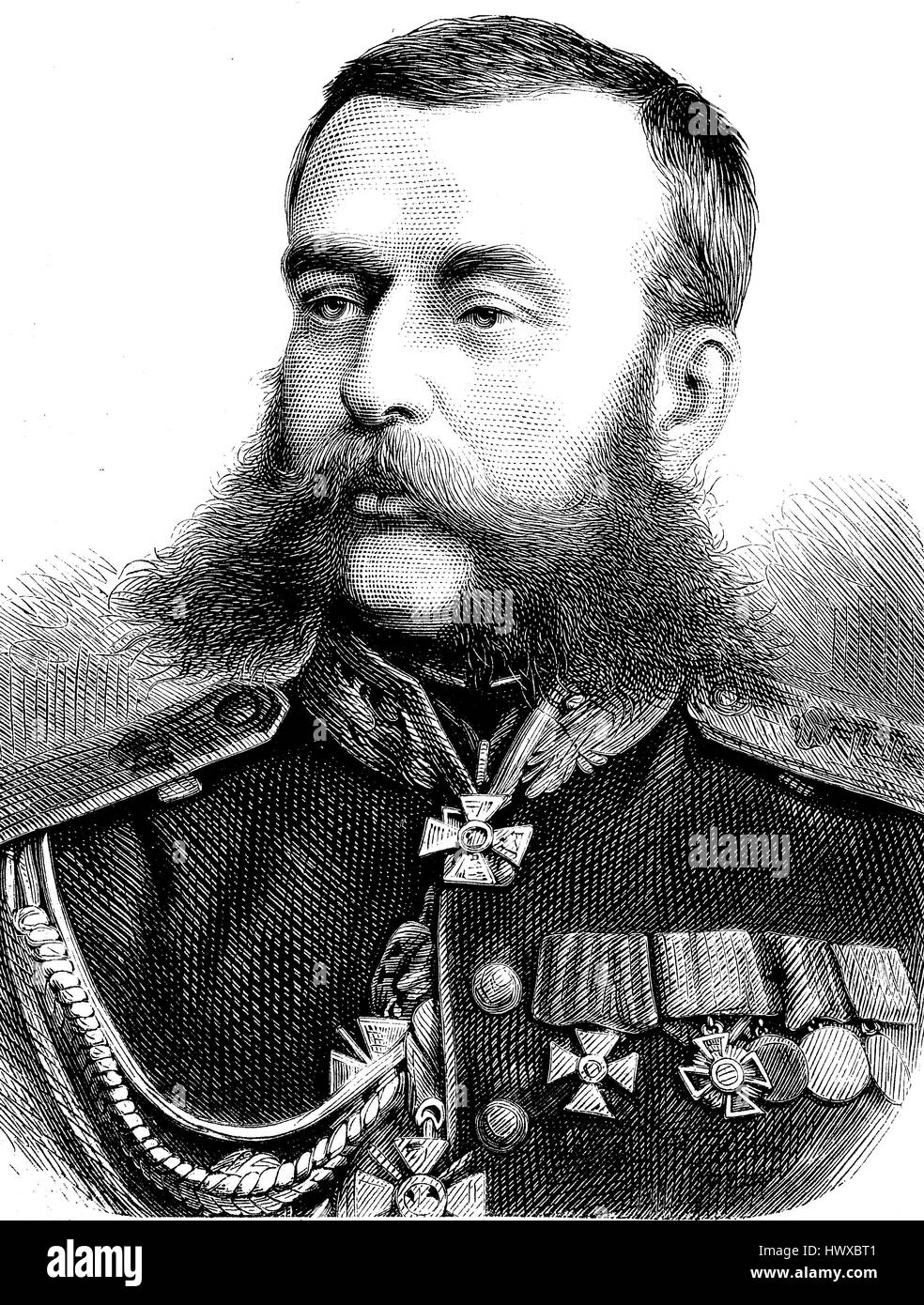 Michael Dimitrijewitsch Skobelev anche Michail Skobelev Dmitrievic, 29. Settembre 1843 in Sankt Petersburg - 7. Juli 1882 in Moskau, egli è stato un generale della Imperial esercito russo, la riproduzione di un immagine, xilografia a partire dall'anno 1881, digitale migliorata Foto Stock