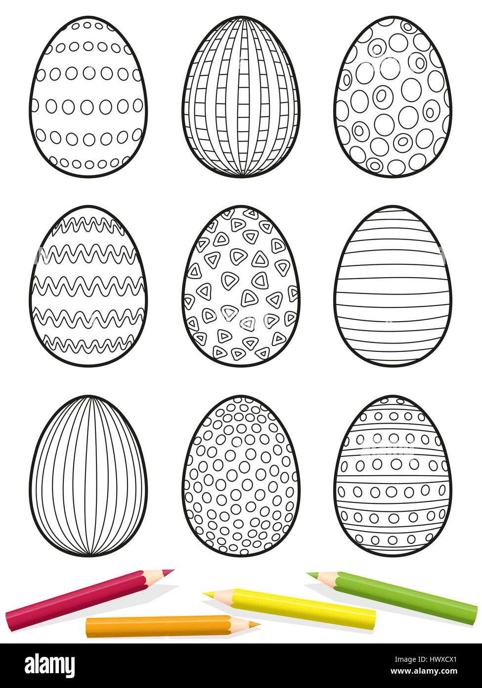 Le uova di pasqua di pagina di colorazione - nove uova con diverse configurazioni per essere colorato - illustrazione isolato su sfondo bianco. Foto Stock