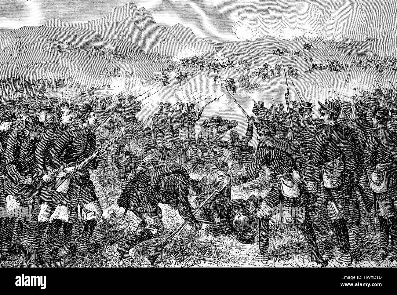 Battaglia tra Russi e Turchi nel Lomthale, Bulgaria, Russian-Turkish guerra 1877-1878, la riproduzione di un immagine, xilografia a partire dall'anno 1881, digitale migliorata Foto Stock