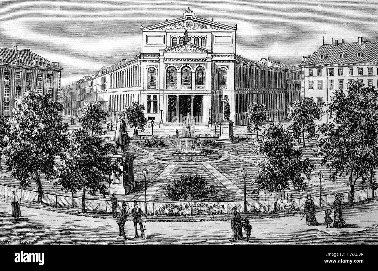Muenchner Volkstheater è un teatro di Monaco di Baviera, Germania, riproduzione di una immagine, la xilografia a partire dall'anno 1881, digitale migliorata Foto Stock
