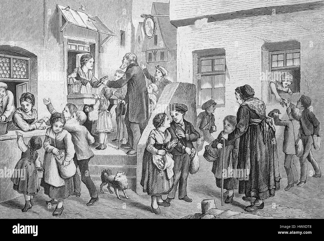Il Spitzeltag, Spitzel è la forma di una pasticceria in Media Franconia. Vista in un villaggio, i bambini ricevono i doni da adulti, personalizzati o tradizione popolare, la Germania, la riproduzione di una immagine, la xilografia a partire dall'anno 1881, digitale migliorata Foto Stock