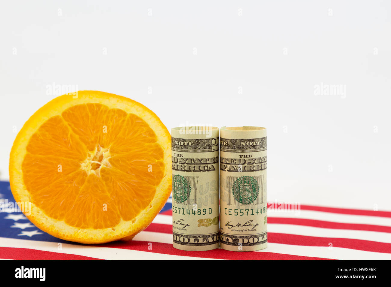 Importanza economica americana del settore agricolo visto in valuta, agrumi e contrassegnare le immagini. Foto Stock