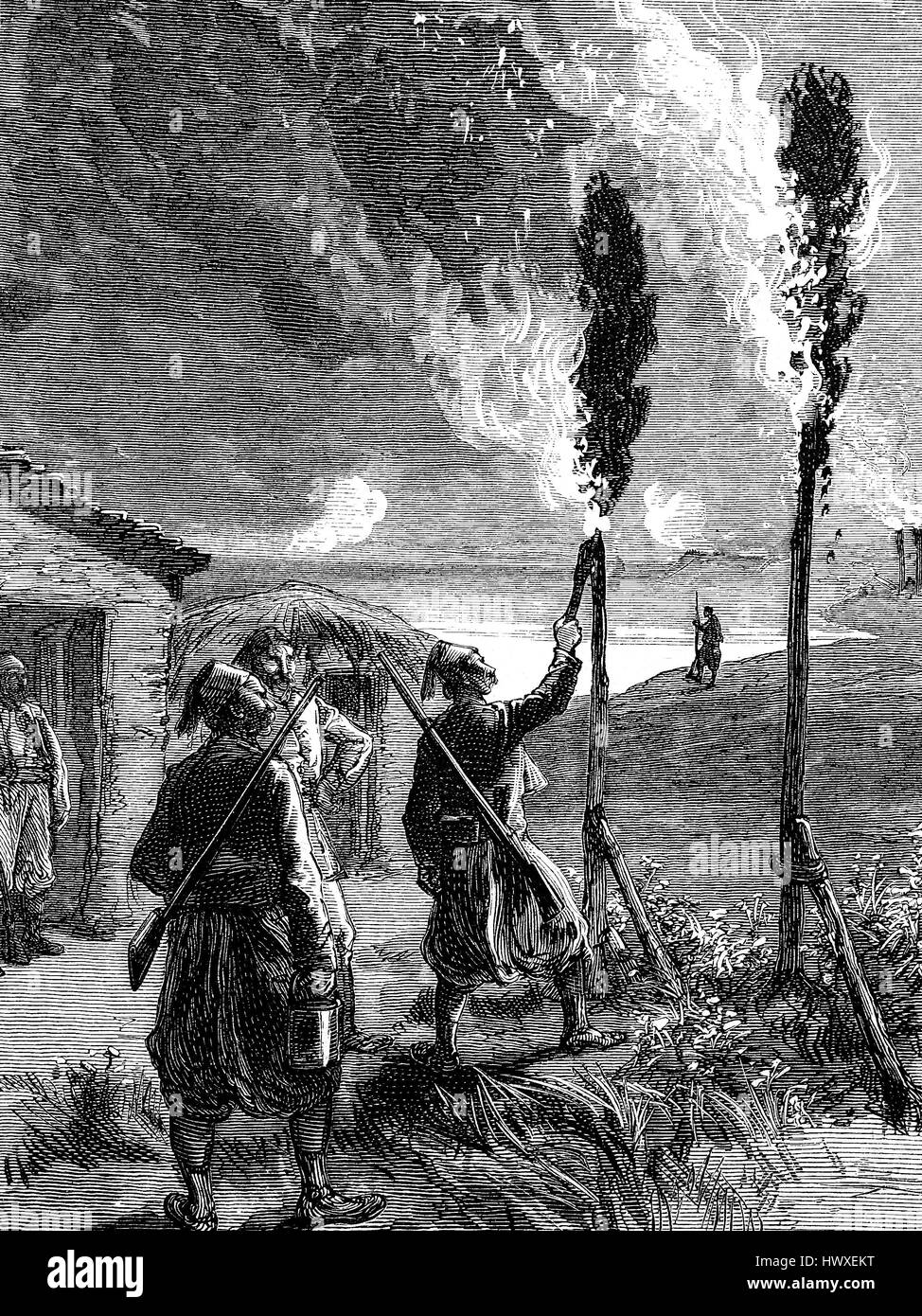 Segnali di fuoco dei Turchi sulle rive del Danubio, il Russo-Turkish guerra del 1877 - 1878, la riproduzione di un immagine, xilografia a partire dall'anno 1881, digitale migliorata Foto Stock