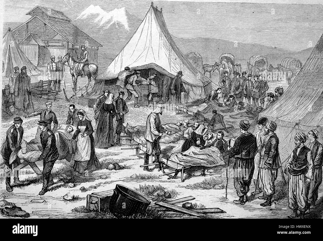 Campo russo lazarett presso la fortezza di Kars, Turchia, Russo-Turkish guerra del 1877 - 1878, la riproduzione di un immagine, xilografia a partire dall'anno 1881, digitale migliorata Foto Stock