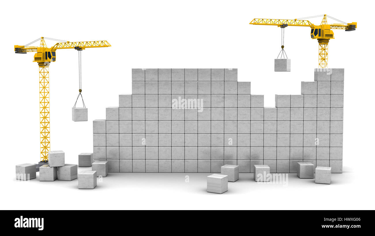 3d illustrazione di due gru parete edilizia con spazio per il testo Foto Stock