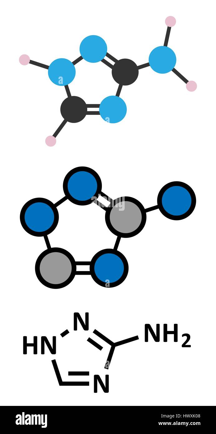 Amitrol (3-ammino-1,2,4-triazolo, 3-A) erbicida molecola. Stilizzata 2D Rendering e tradizionale formula scheletrico. Illustrazione Vettoriale