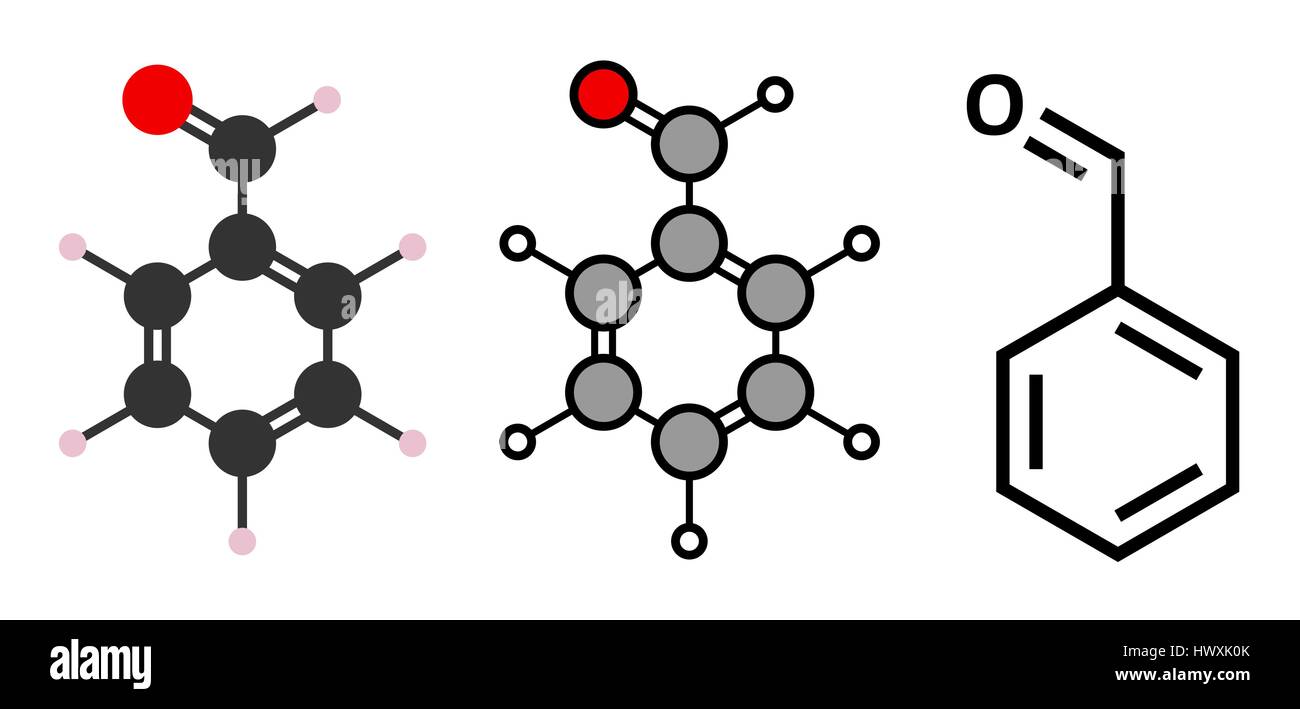 Benzaldeide mandorla amara molecola di odore. Stilizzata 2D Rendering e tradizionale formula scheletrico. Illustrazione Vettoriale