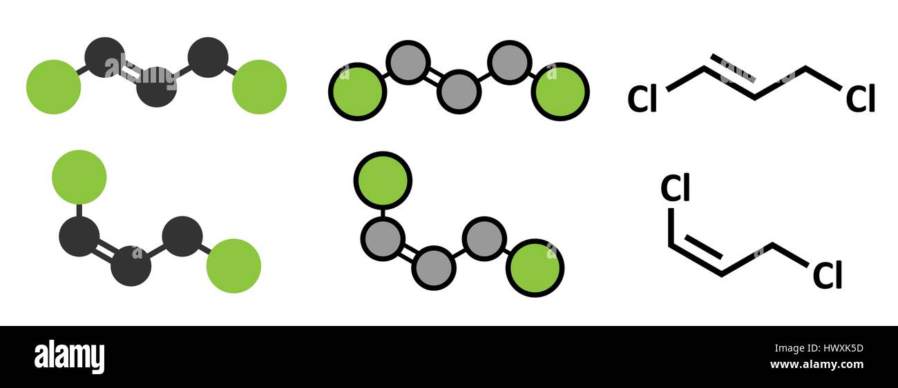 1,3-dicloropropene (dicloropropene) molecola di antiparassitari. Stilizzata 2D Rendering e tradizionale formula scheletrico. Illustrazione Vettoriale