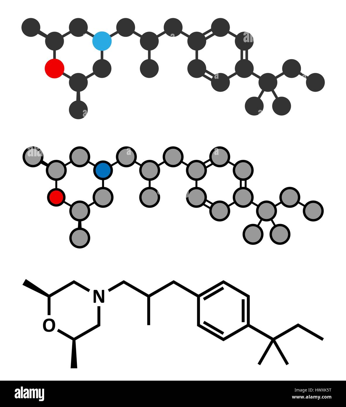 Amorolfine farmaco antifungino molecola. Comunemente utilizzato in forma di lacca per unghie per trattare onicomicosi. Stilizzata 2D Rendering e convenzionali fo scheletrico Illustrazione Vettoriale