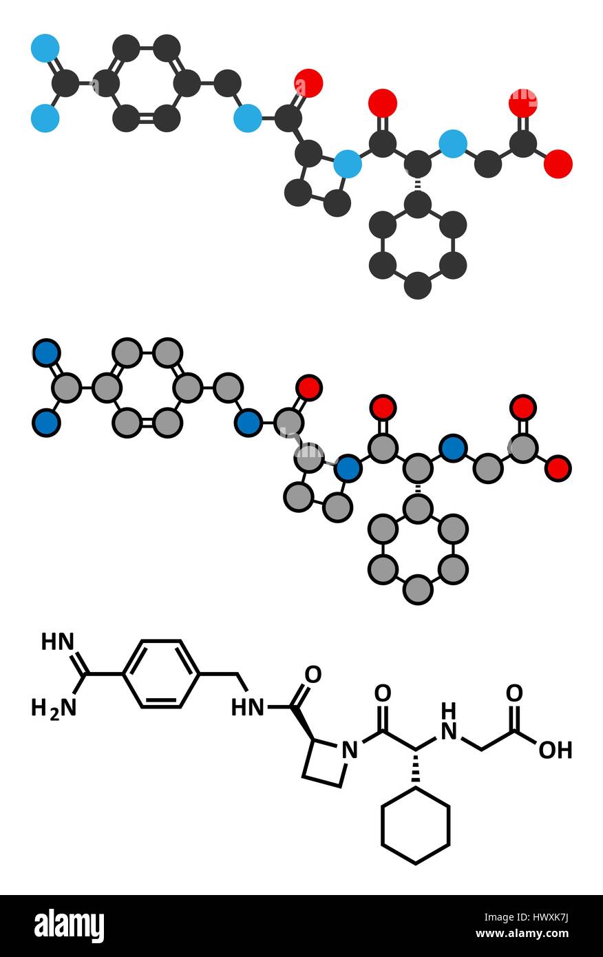Melagatran farmaco anticoagulante molecola (diretto inibitore della trombina). Stilizzata 2D Rendering e tradizionale formula scheletrico. Illustrazione Vettoriale