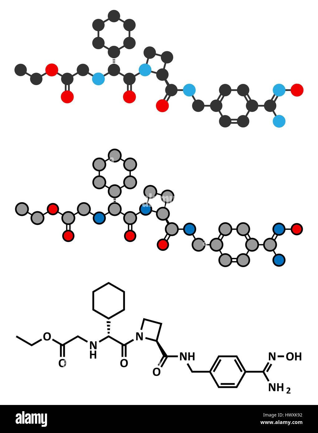 Ximelagatran farmaco anticoagulante molecola (diretto inibitore della trombina). Stilizzata 2D Rendering e tradizionale formula scheletrico. Illustrazione Vettoriale