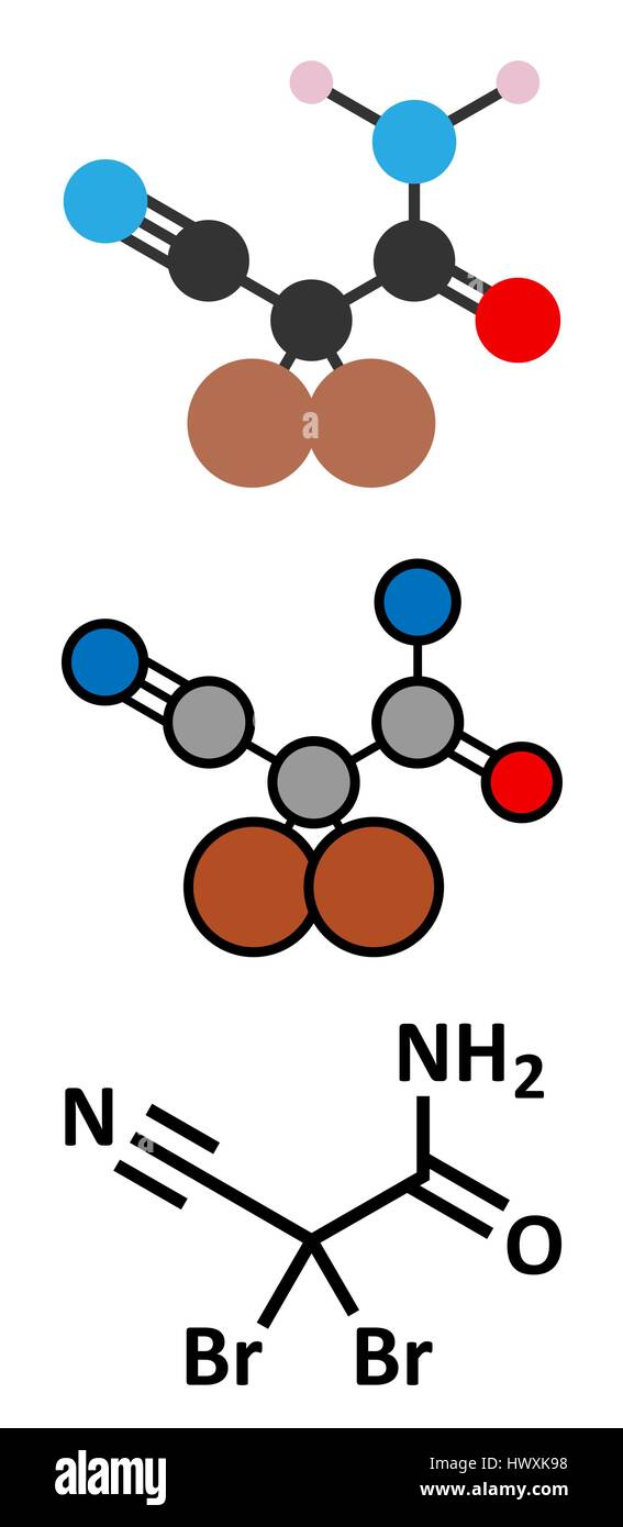 DBNPA (2,2-dibromo-3-nitrilopropionamide) biocida, struttura chimica. Quick-kill biocida che rapidamente si scompone in acqua. Stilizzata 2D Rendering un Illustrazione Vettoriale