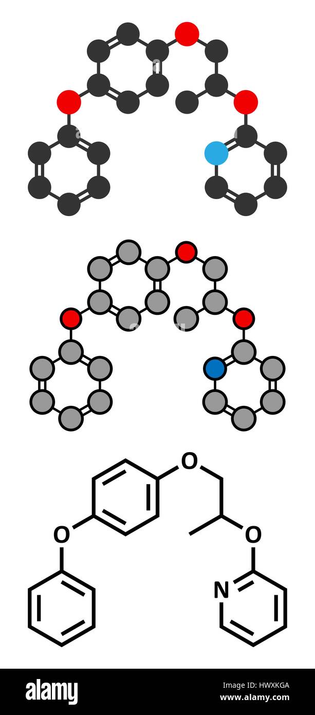 Pyriproxyfen molecola di antiparassitari. Ormone giovanile analogo che impedisce le larve provenienti da paesi in via di sviluppo. Stilizzata 2D Rendering e convenzionale forma scheletrica Illustrazione Vettoriale