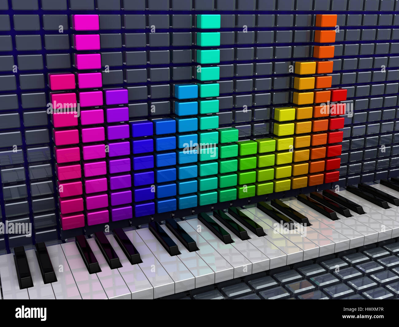 3d illustrazione di spettro audio e tasti di pianoforte, musica il concetto di registrazione Foto Stock